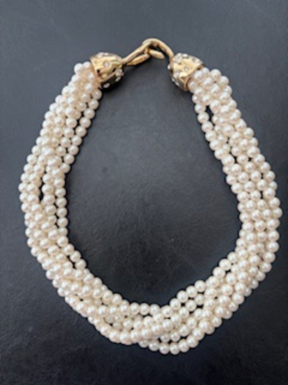Multi Strand White Faux Pearl Necklace-Large accent clasp-Pave rhinestones